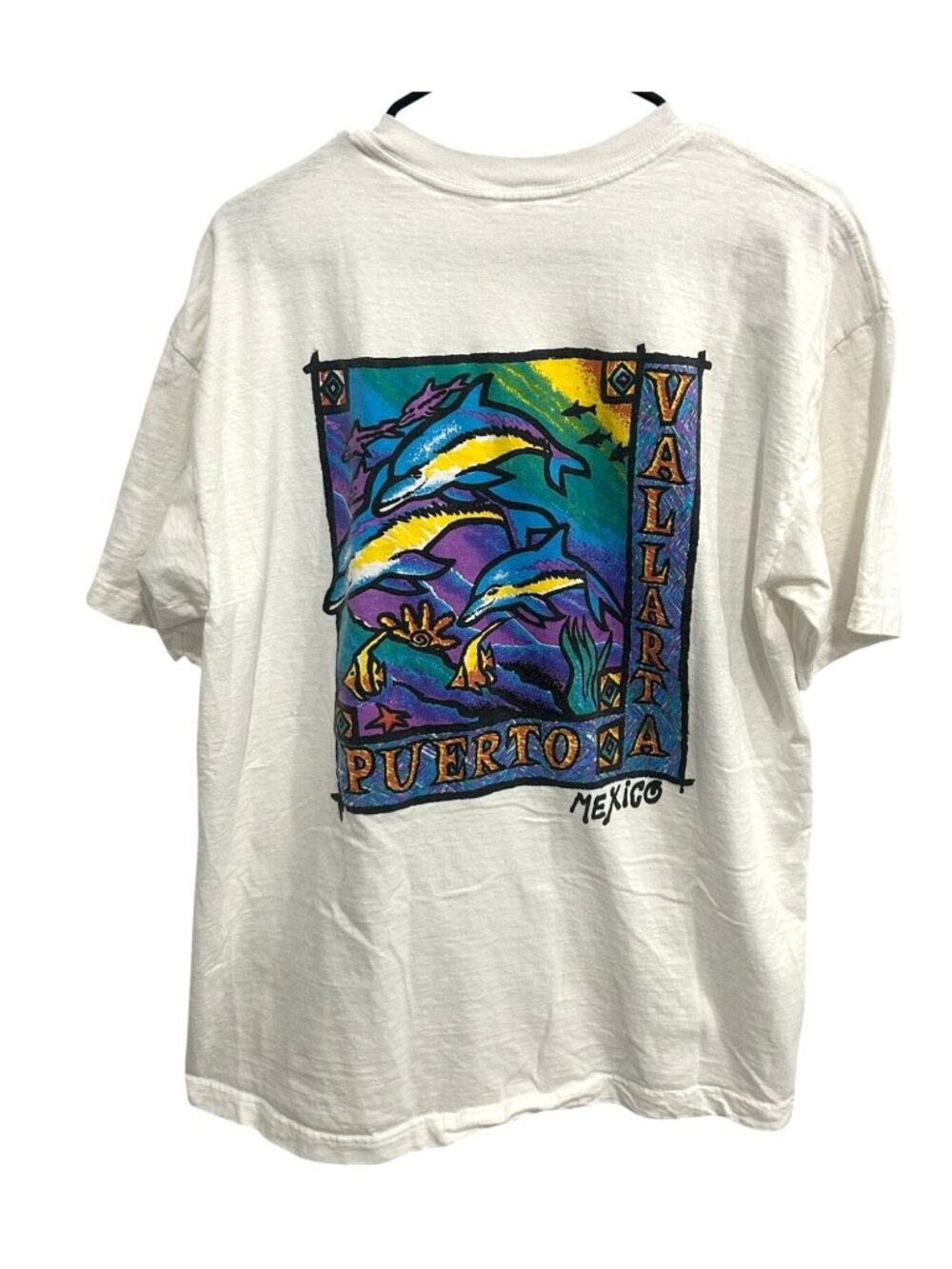 Vintage Puerto Vallarta Large Mexico Dolphin Graphic White T-Shirt Retro Y2K